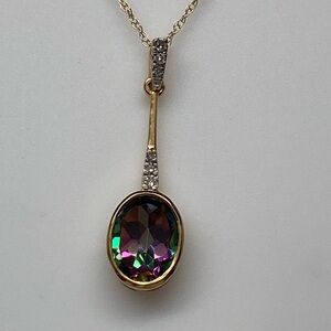 10K Yellow Gold Bezel Set Mystic Topaz and Diamond Pendant with Chain NEW